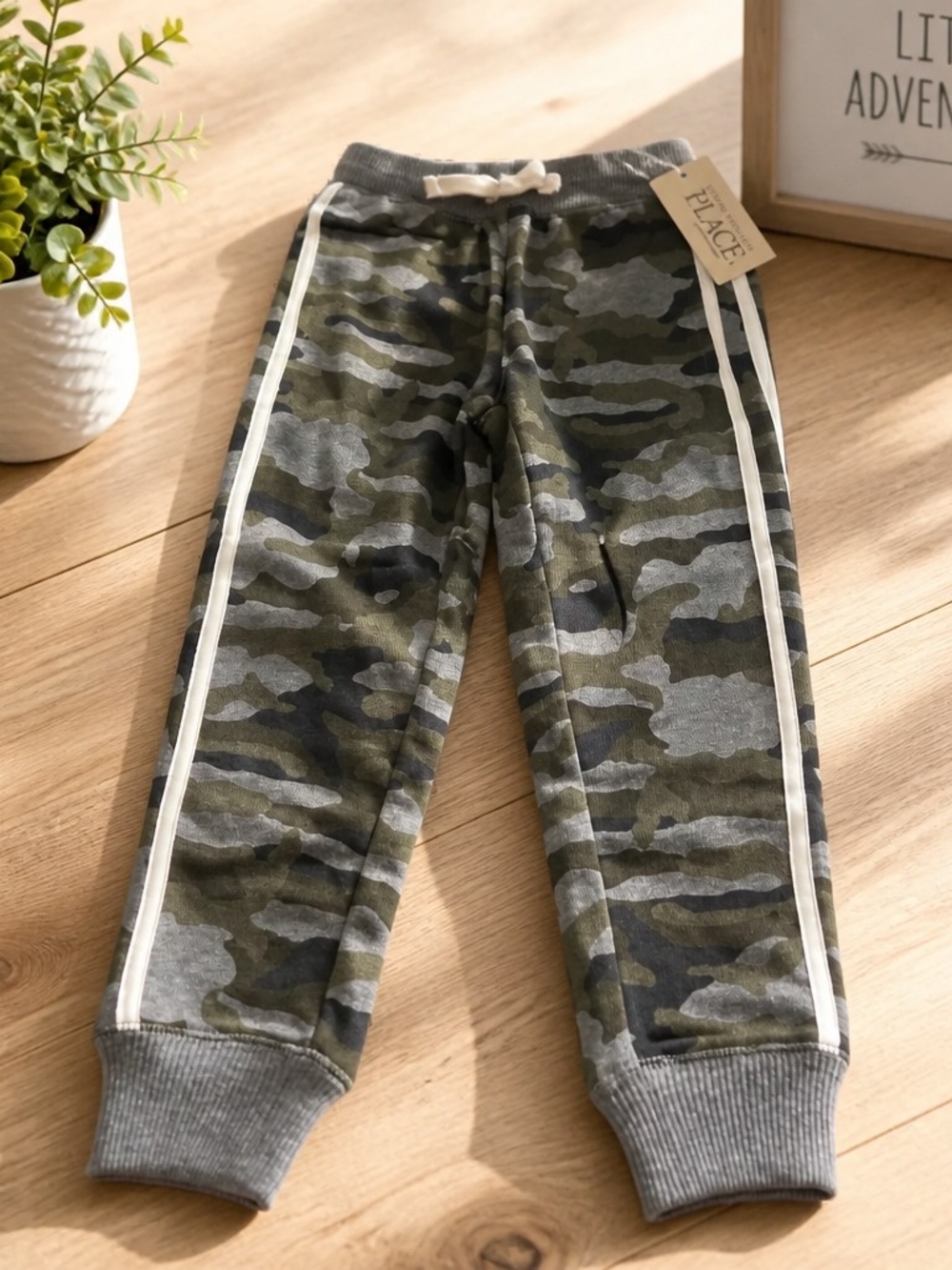 The Children's Place Green & Gray Camo Joggers with White Side Stripes